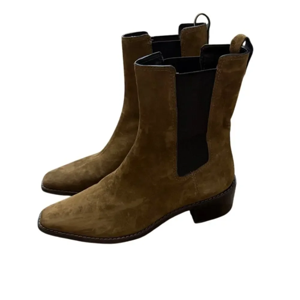 Tory Burch Chelsea Stacked Heel Olive Brown Suede Boots Size 7